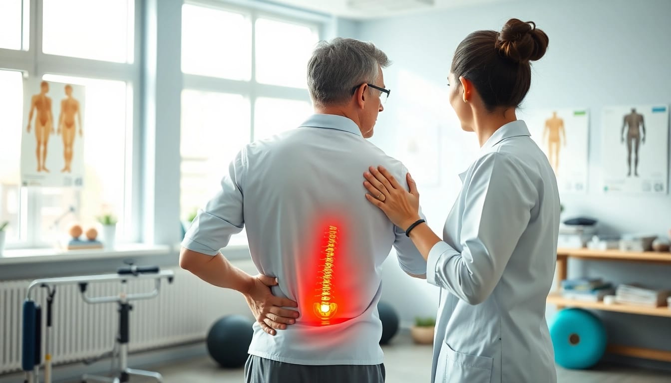 Illustration of back pain causes analyzed by a physiotherapist in a bright clinic.