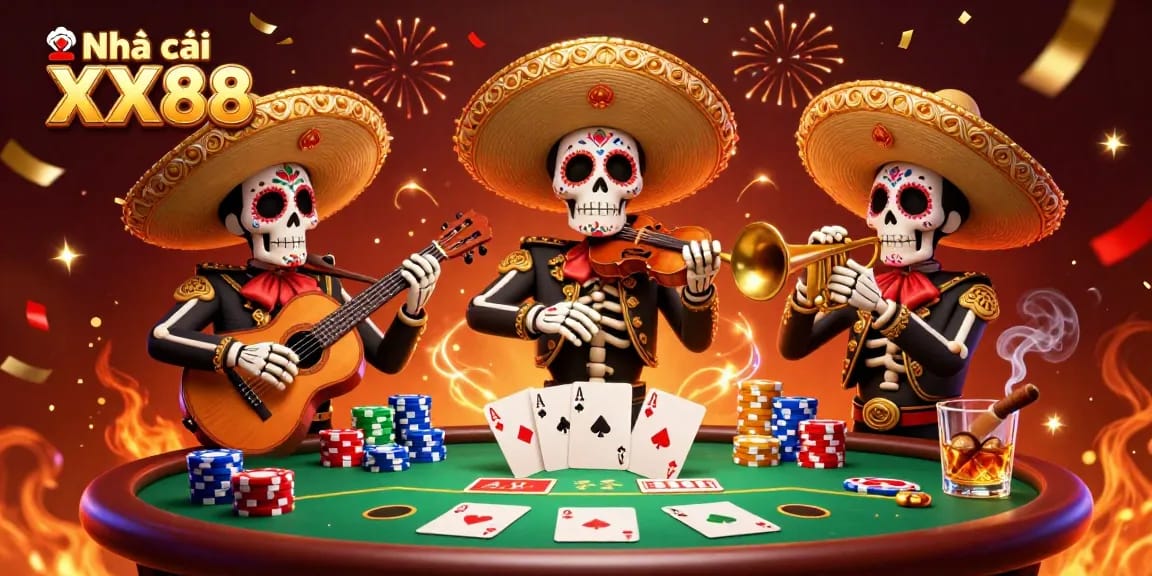 Engage in action with Nhà cái XX88's vibrant mariachi characters around a packed poker table.