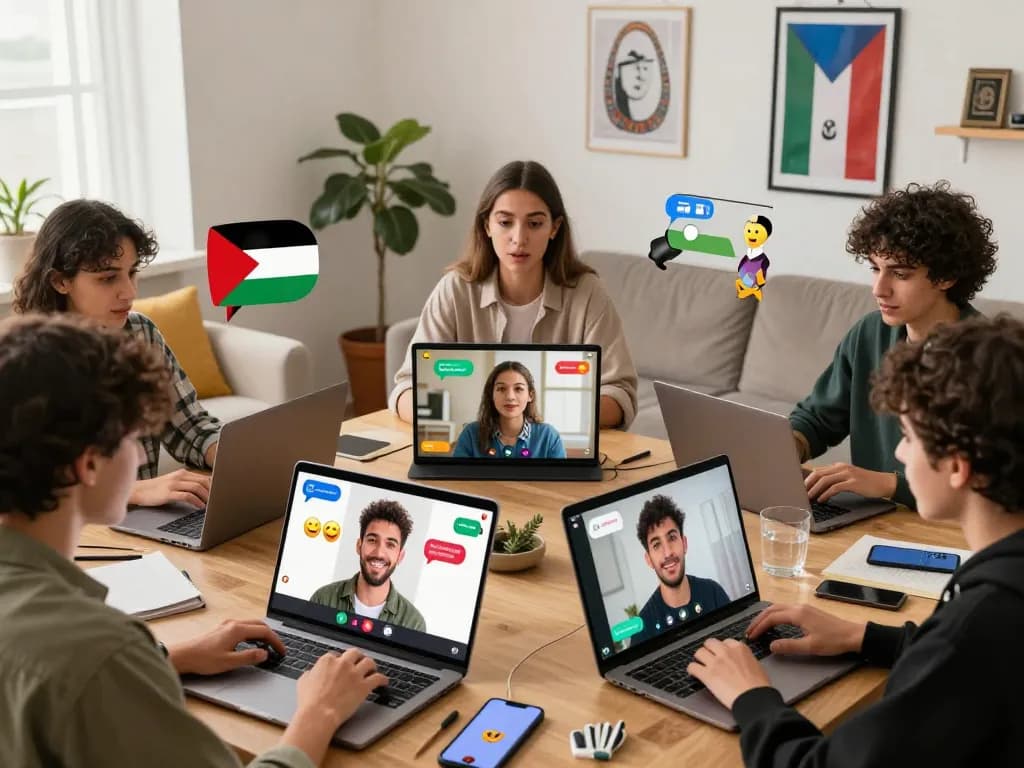 Engaging دردشة فلسطين scene with young adults chatting online, showcasing cultural connection and modern communication.