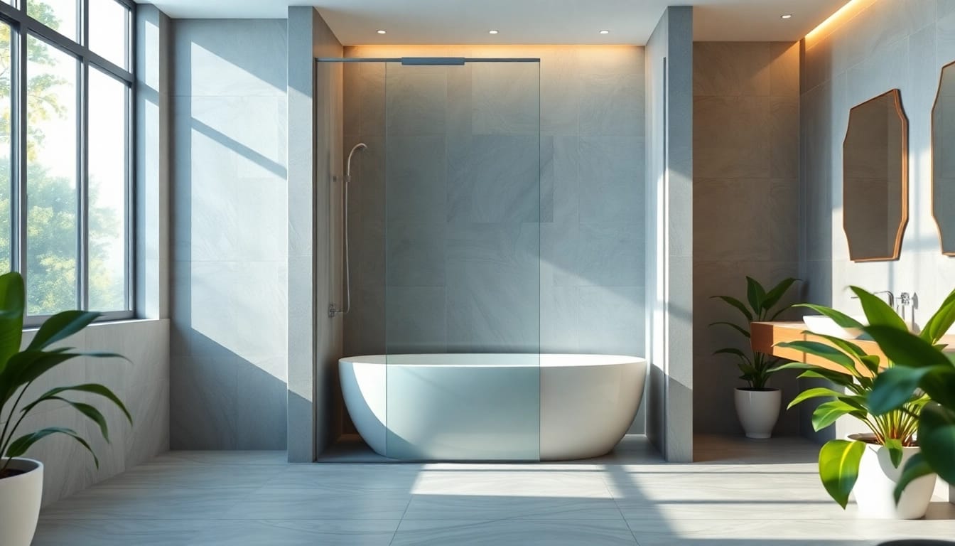 Elegant shower screen sliding door in a modern bathroom with sleek design and natural light.