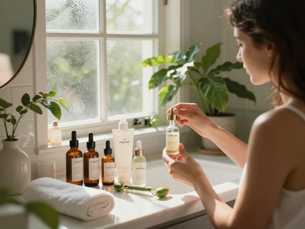 Using Uni&Core USA skincare products in a tranquil spa-like bathroom setting.