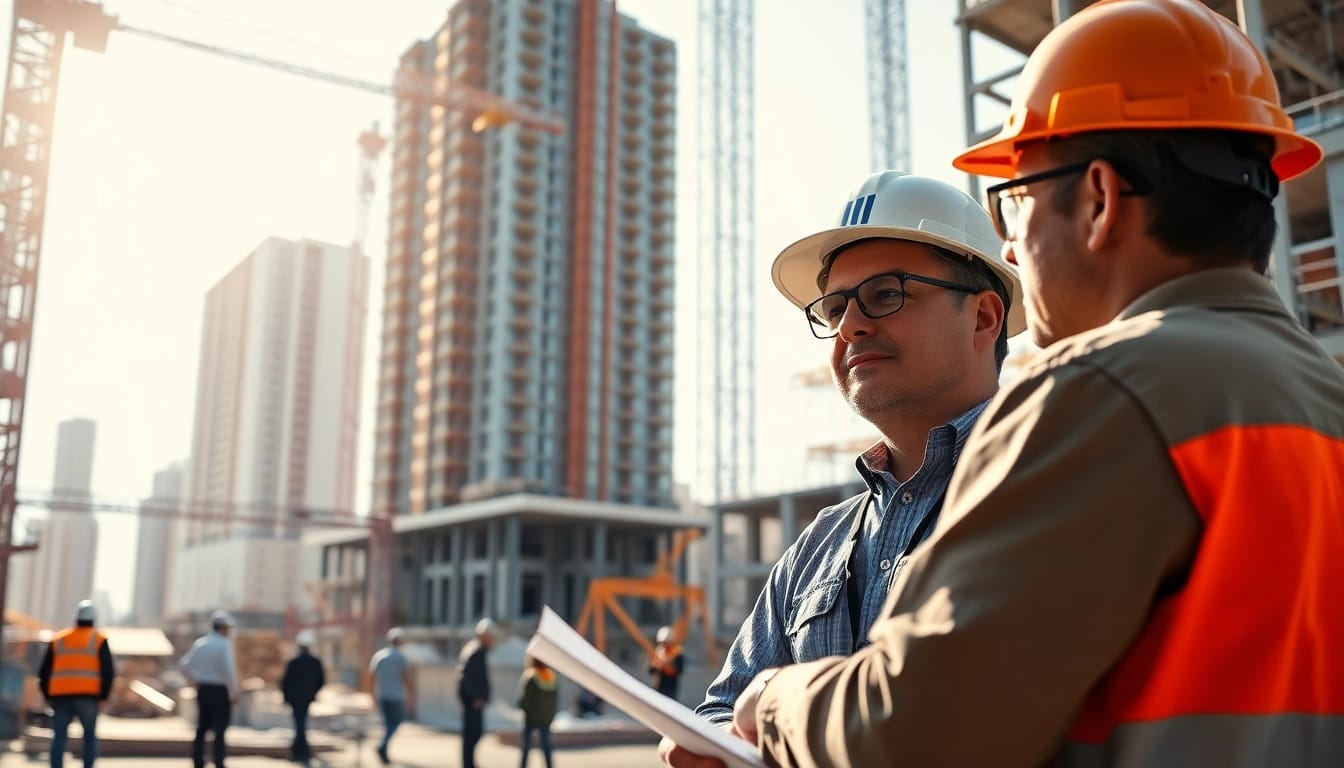 Manhattan Construction Manager directs a vibrant construction site with team collaboration.