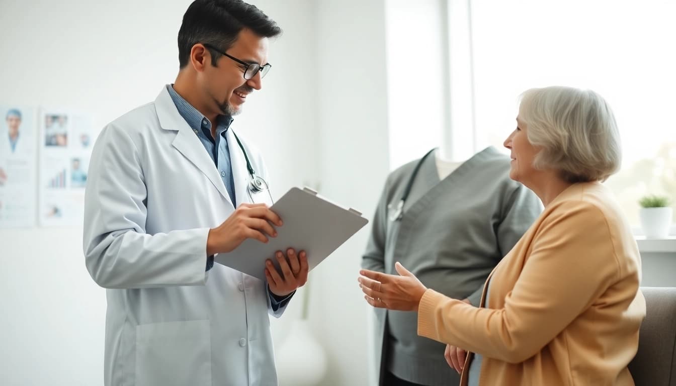 Patient receiving guidance on Tirzepatide from a healthcare professional in a clinical setting.