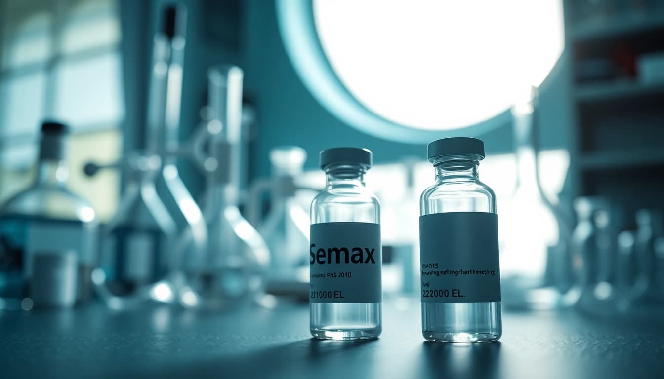 Researching Semax in a scientific laboratory with equipment and a glass vial.