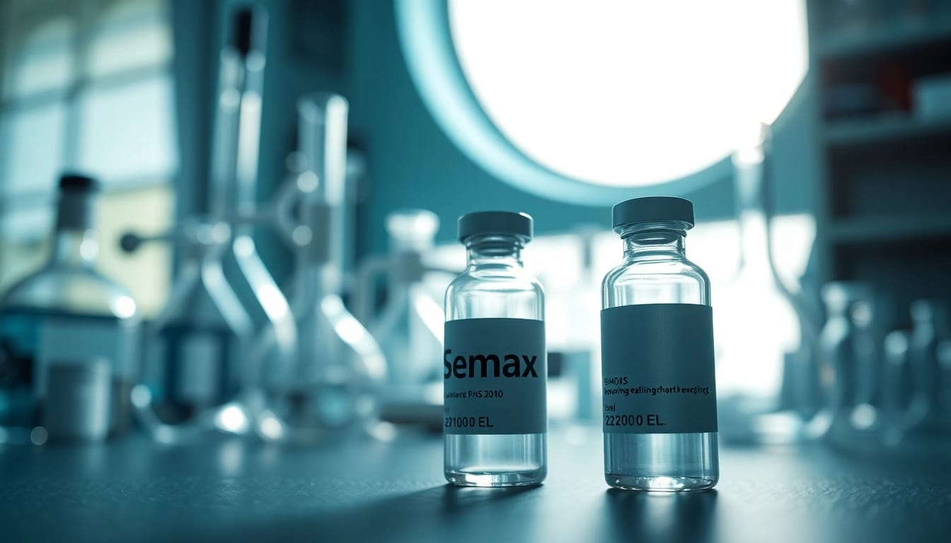 Researching Semax in a scientific laboratory with equipment and a glass vial.