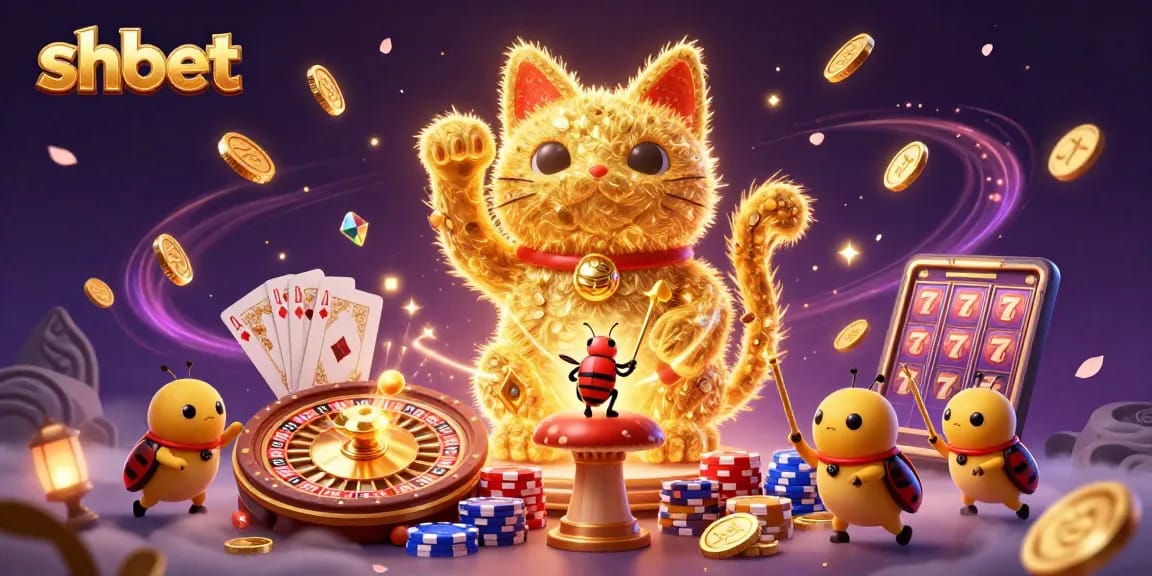Play at shbet while enjoying a vibrant casino scene with golden fireflies and lucky symbols.