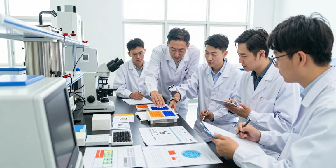 Team of engineers collaborating on polymer expandable microspheres in an innovative laboratory setting.