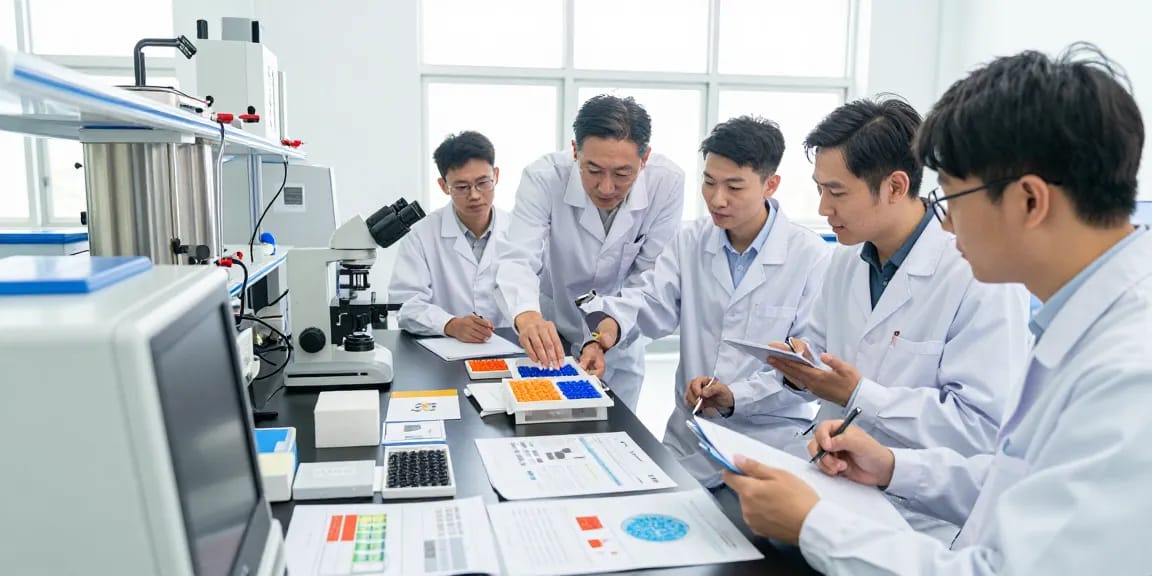 Team of engineers collaborating on polymer expandable microspheres in an innovative laboratory setting.