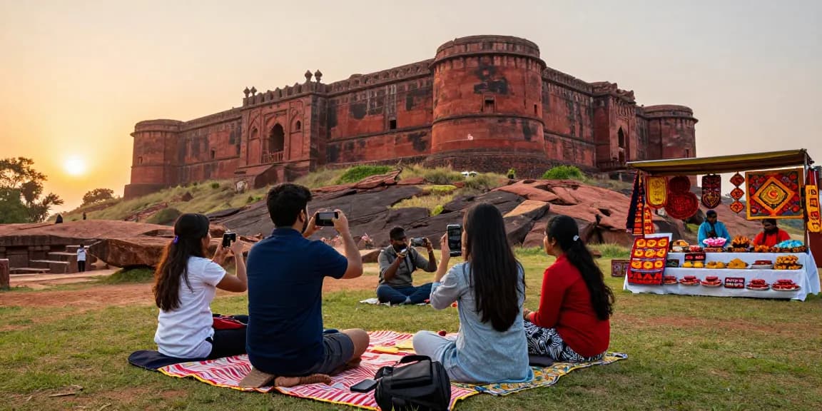 A group of travelers exploring Kurnool's scenic Konda Reddy Fort, capturing the beauty of kurnool.vip