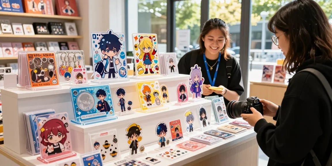 Engaging retail scene with diverse custom acrylic standees, colorful designs, and a happy customer exploring unique merchandise.