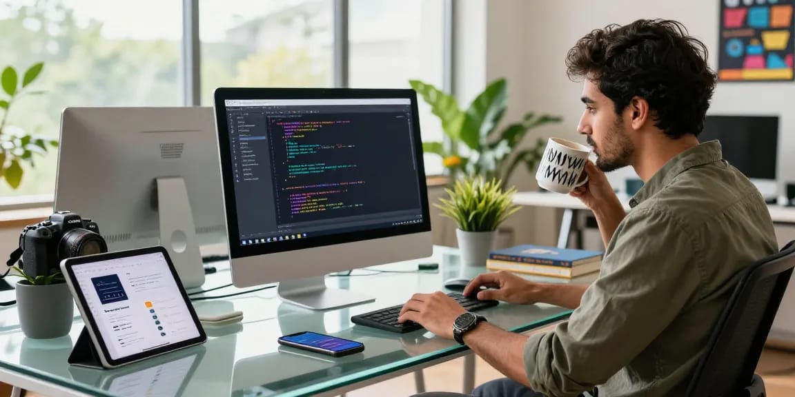 Web developer in Gorakhpur coding at modern office desk, showcasing dynamic workspace.
