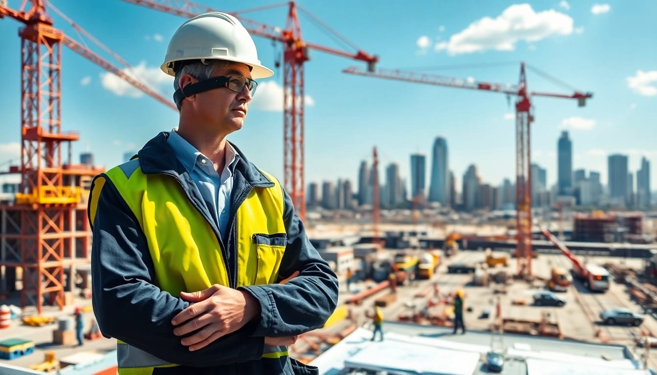 New Jersey Construction Manager supervising a dynamic construction site amidst a city skyline.