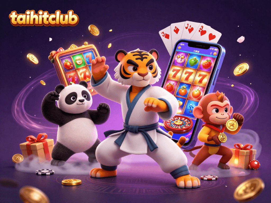 Experience excitement with taihitclub’s vibrant 3D characters amidst slot reels and coins.