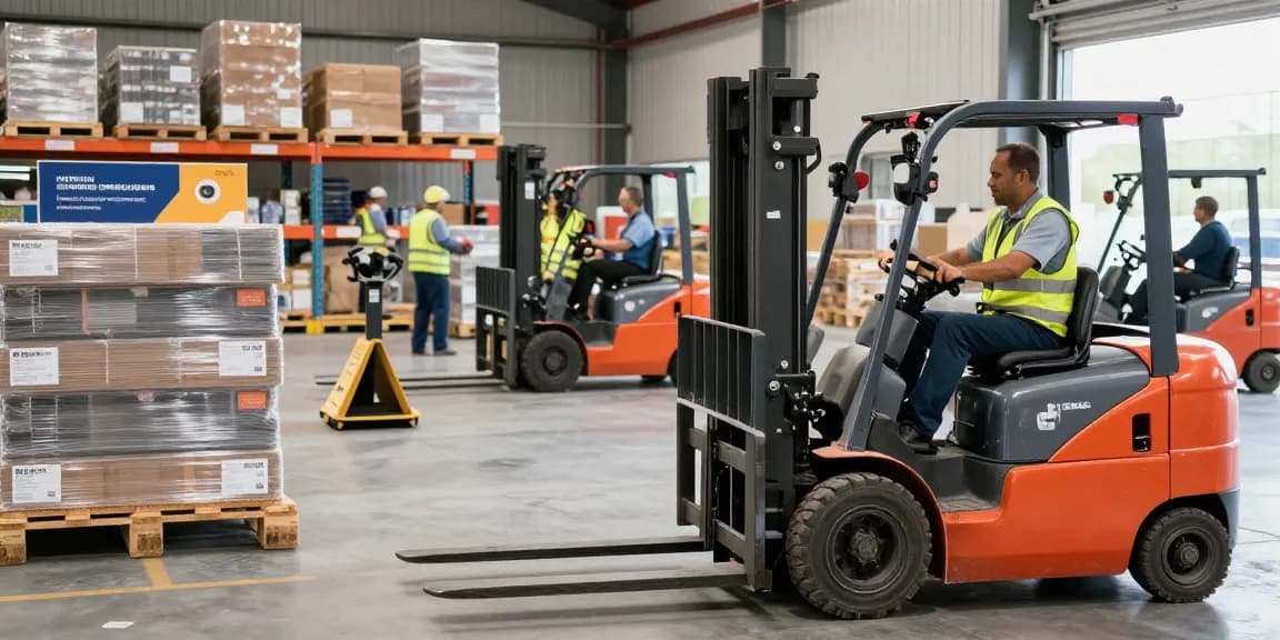 Operator using a stacker low price in a busy warehouse environment with electric forklifts and stacked pallets in the background.
