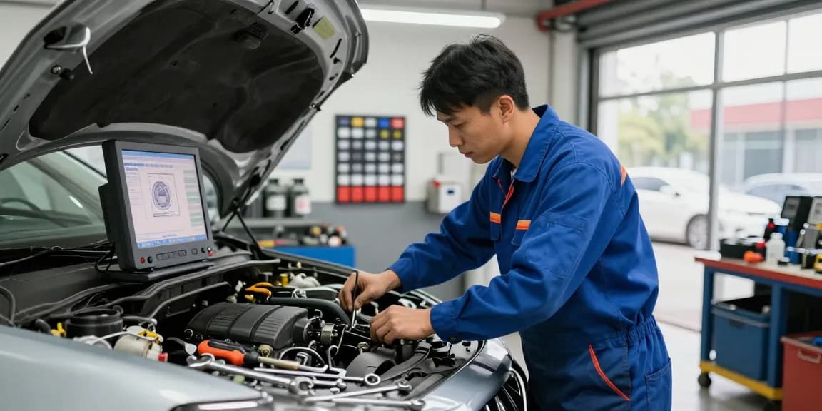 Mechanic performing shop repairs on a car engine in a well-lit automotive workshop.