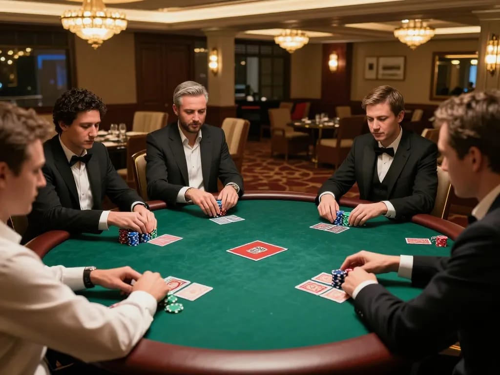 Exciting poker gameplay at a private man club environment, showcasing strategic decisions and camaraderie.