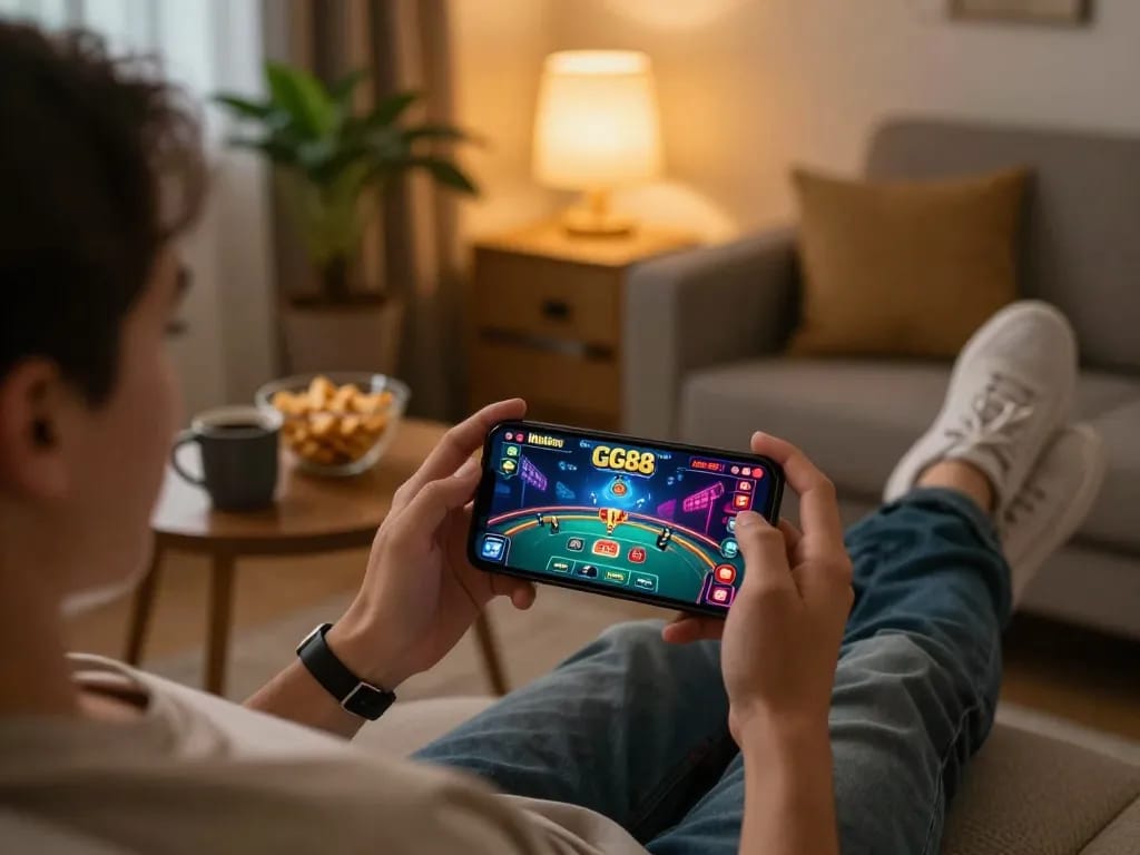GG88 mobile app displayed on smartphone while enjoying live dealer action in a cozy home setting.