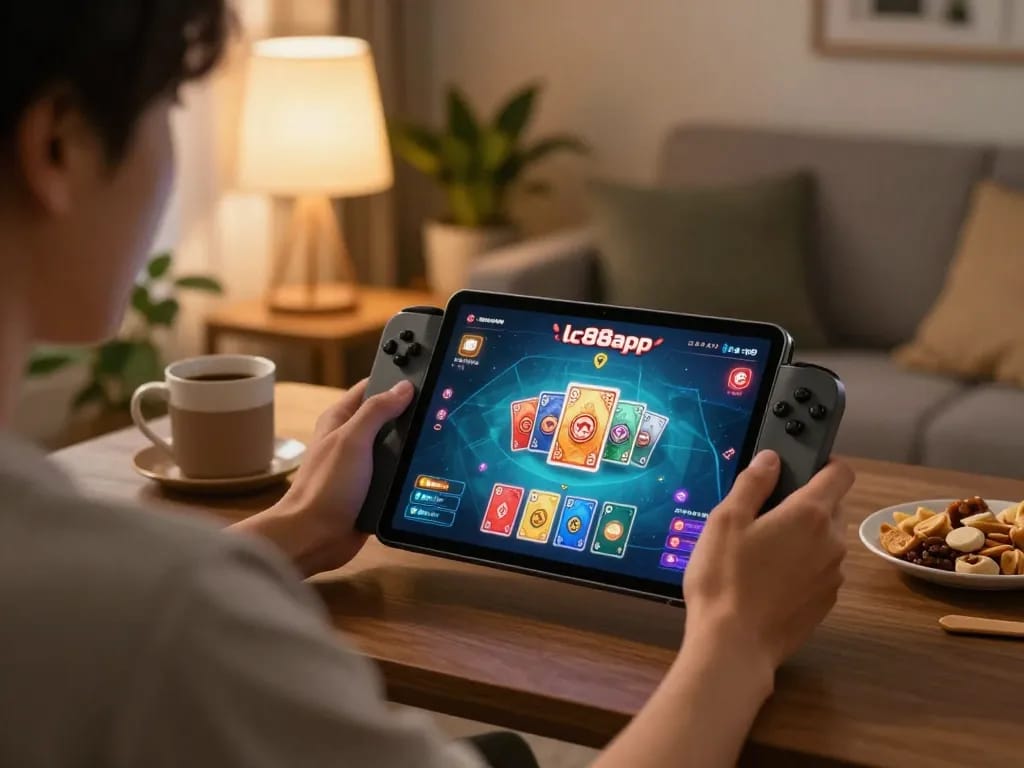 Player enjoying an online game with the lc88app on tablet in a cozy living room setting.