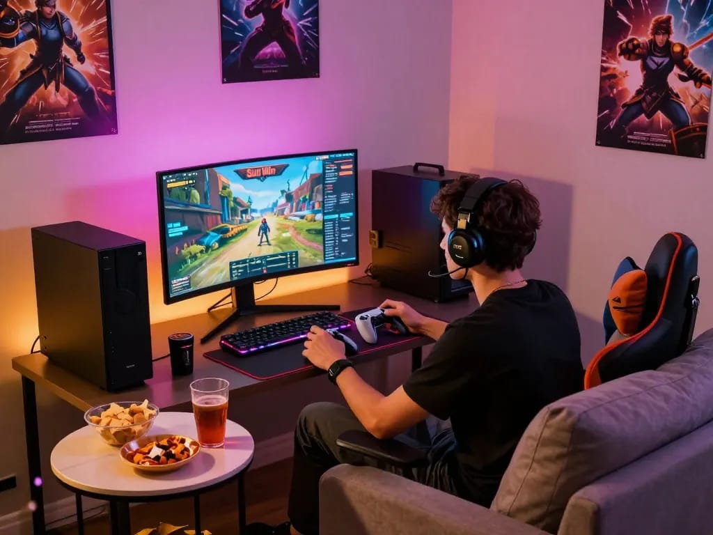 Engaging gaming environment featuring young adult enjoying Sun Win gaming setup with colorful LED lights and modern decor.