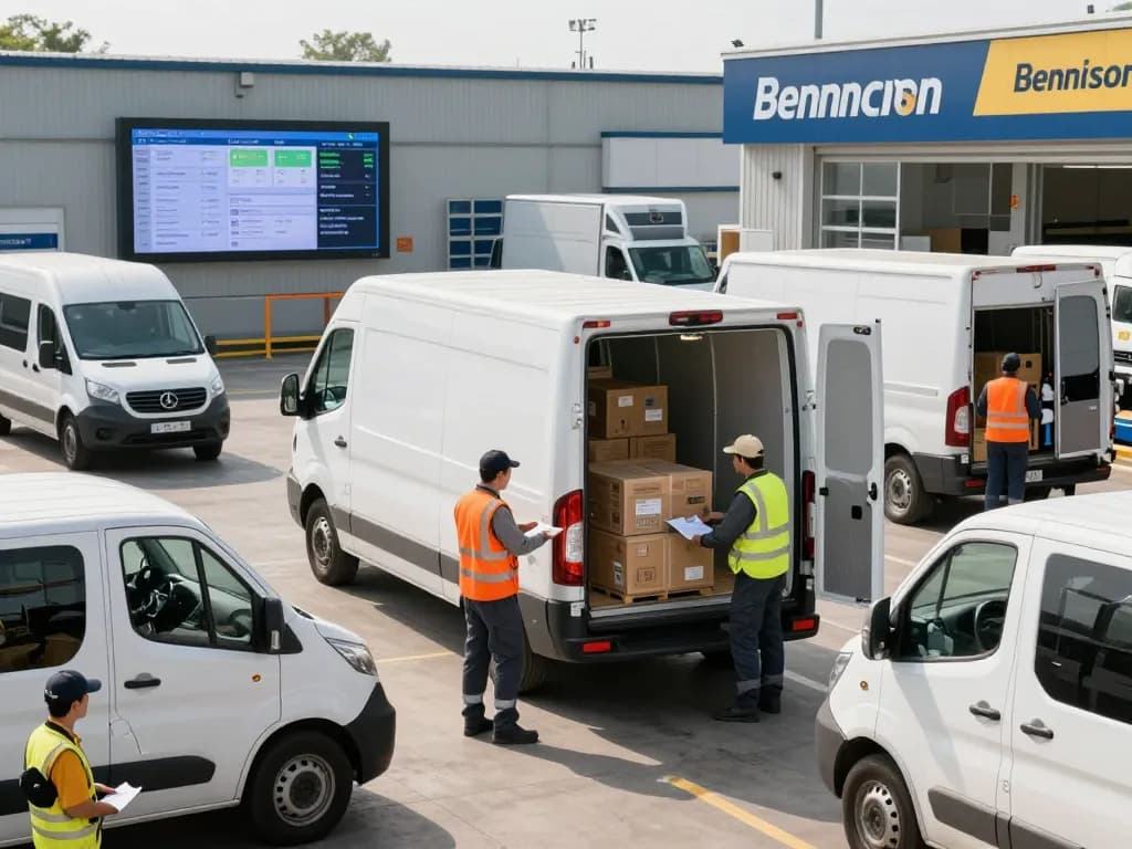 Haulage logistics scene with Bennison Transport driver loading tracked van for timely delivery.