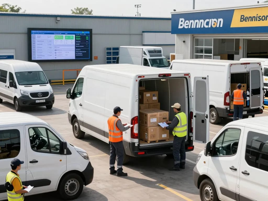 Haulage logistics scene with Bennison Transport driver loading tracked van for timely delivery.