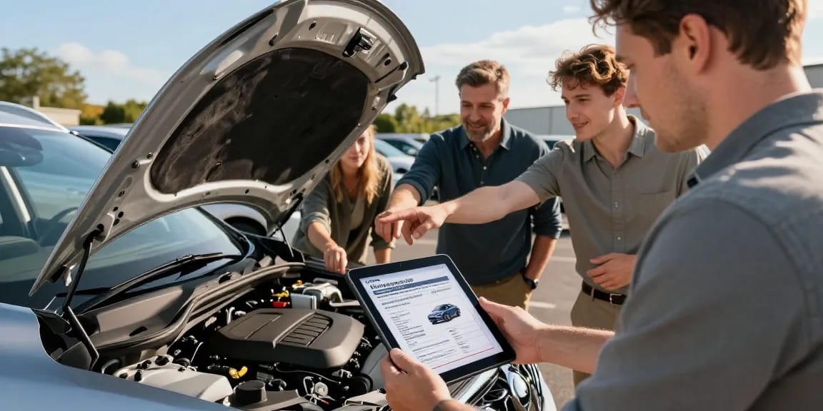 Car buyer using a car history check UK report to assess a vehicle with friends, ensuring informed purchase.