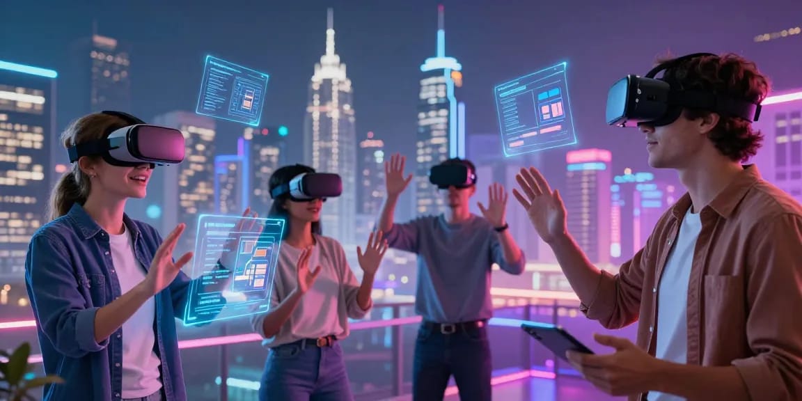 Innovative interaction with rokok88 slot properties in a futuristic digital landscape showcasing virtual assets and immersive technology.
