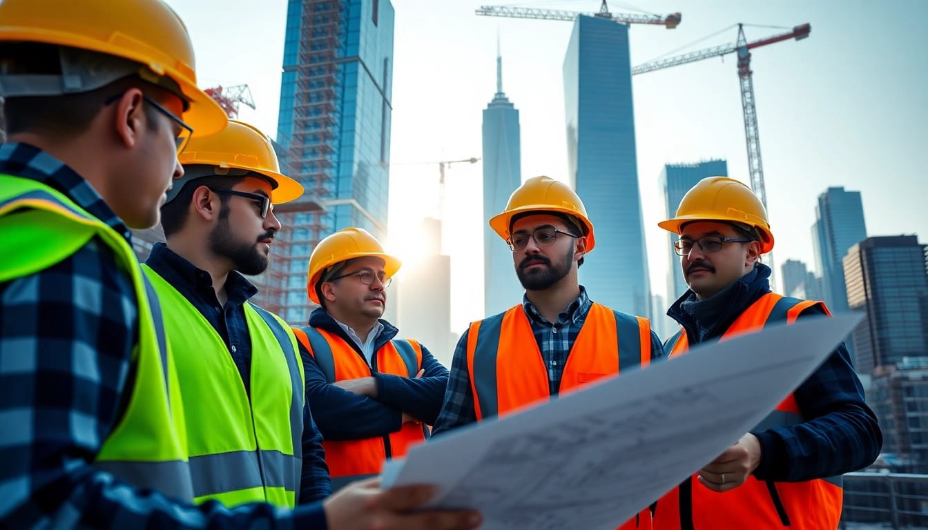 New York City Commercial General Contractor team collaborating on a construction site with blueprints.