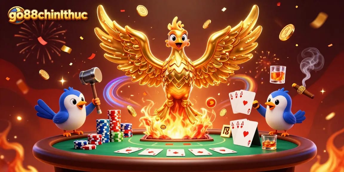 Experience excitement at go88chinhthuc with a golden phoenix and vibrant casino elements.