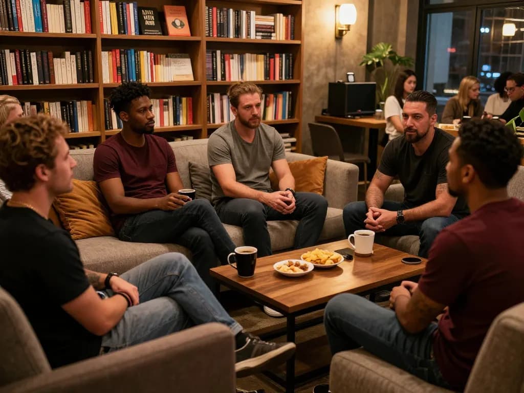 Men engaging in meaningful conversations at a man club gathering, fostering camaraderie and support.