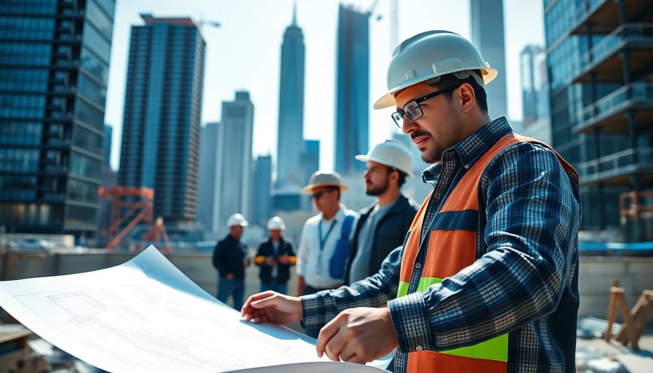 Manhattan General Contractor reviewing plans at an urban construction site.