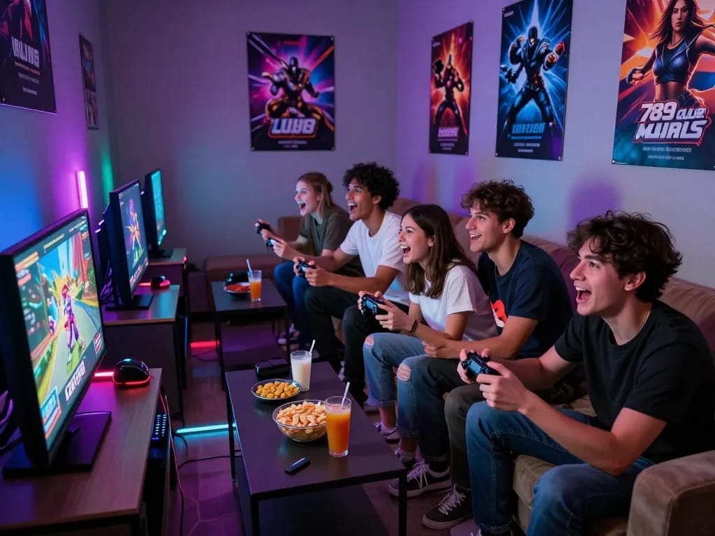 Friends enjoying gaming night with 789 club console and snacks in cozy room