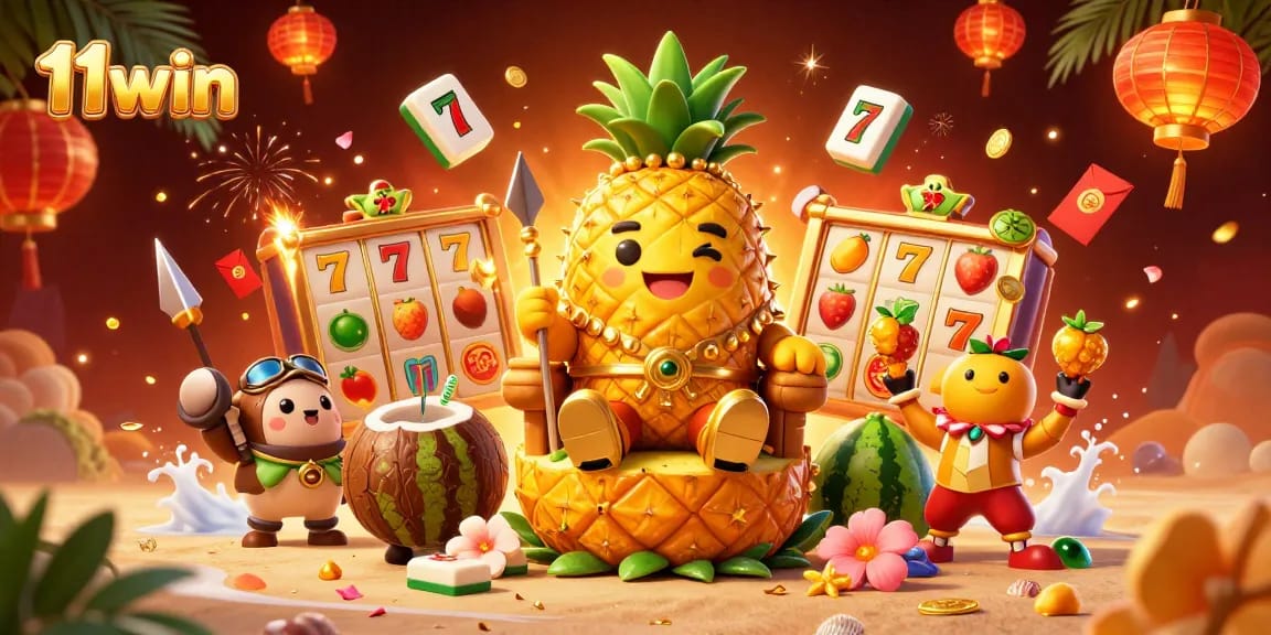 Experience the vibrant 11win casino scene with a pineapple king, coconut guards, and festive decorations.