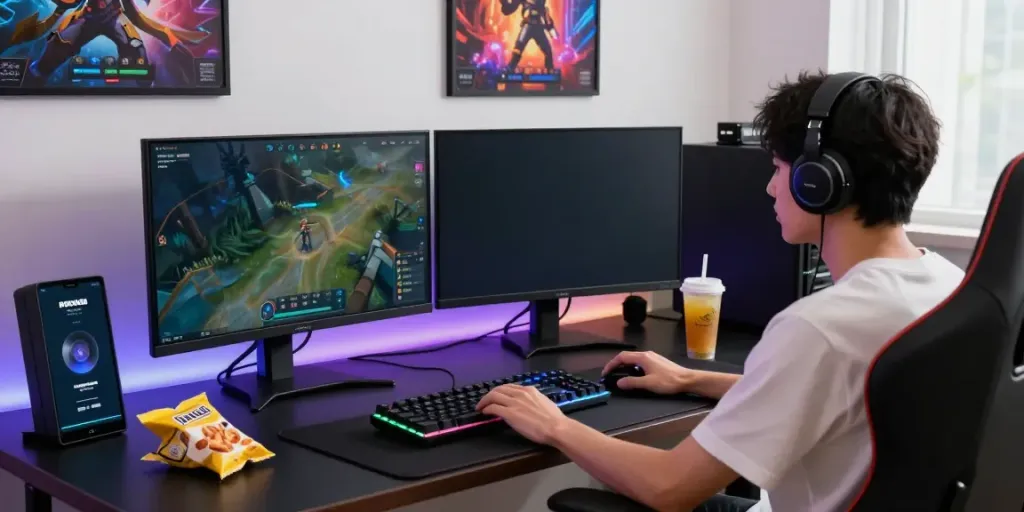 Gamer enjoying ROKOK88 gameplay with a modern setup at https://sharkysvintagepark.com