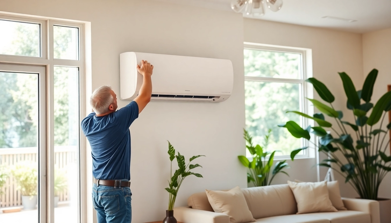 Technician installing a mitsubishi mini split ac in a modern living room with natural light.