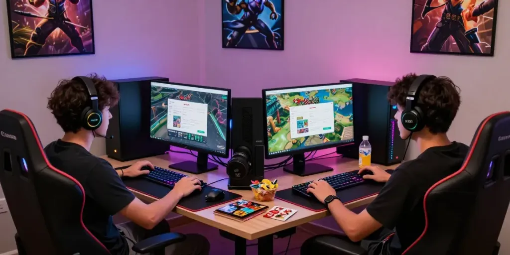 Friends playing an online game at home with the rokok88 link displayed on screens.