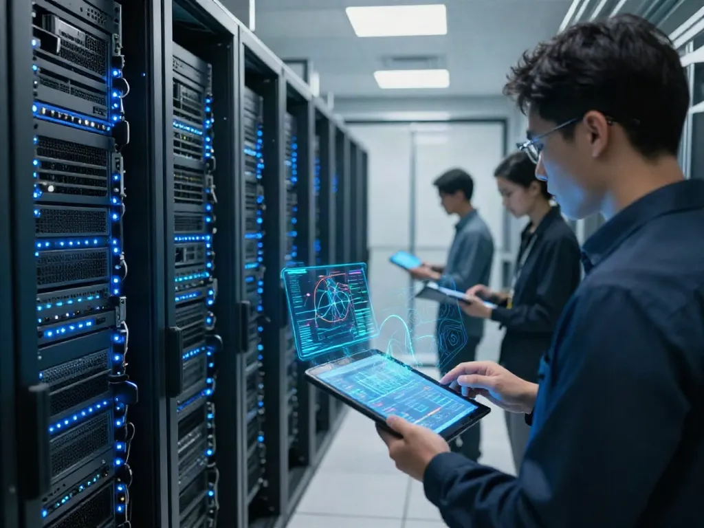 Server configuration review in a modern data center environment with engineers engaged in cybersecurity practices.