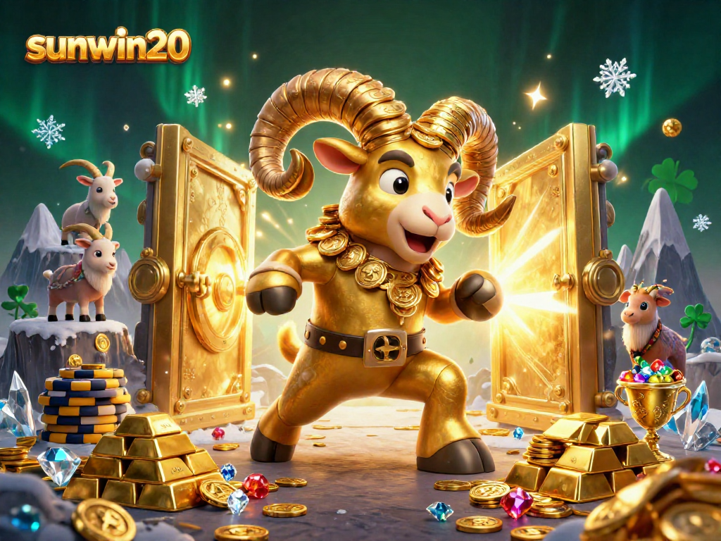 Experience thrilling adventures with sunwin20, showcasing a golden ram charging at treasures, capturing casino excitement.