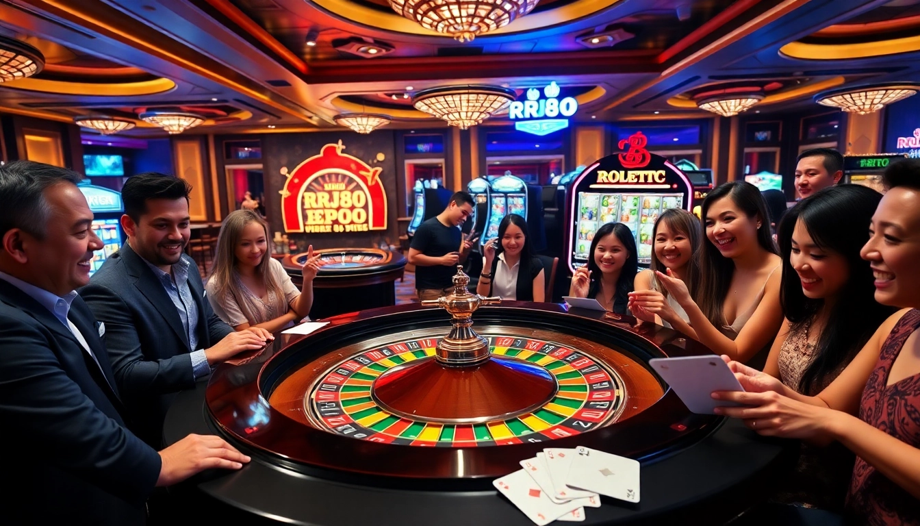 Players engaging with the roulette table at RR88 KJC, showcasing excitement and vibrant casino atmosphere.