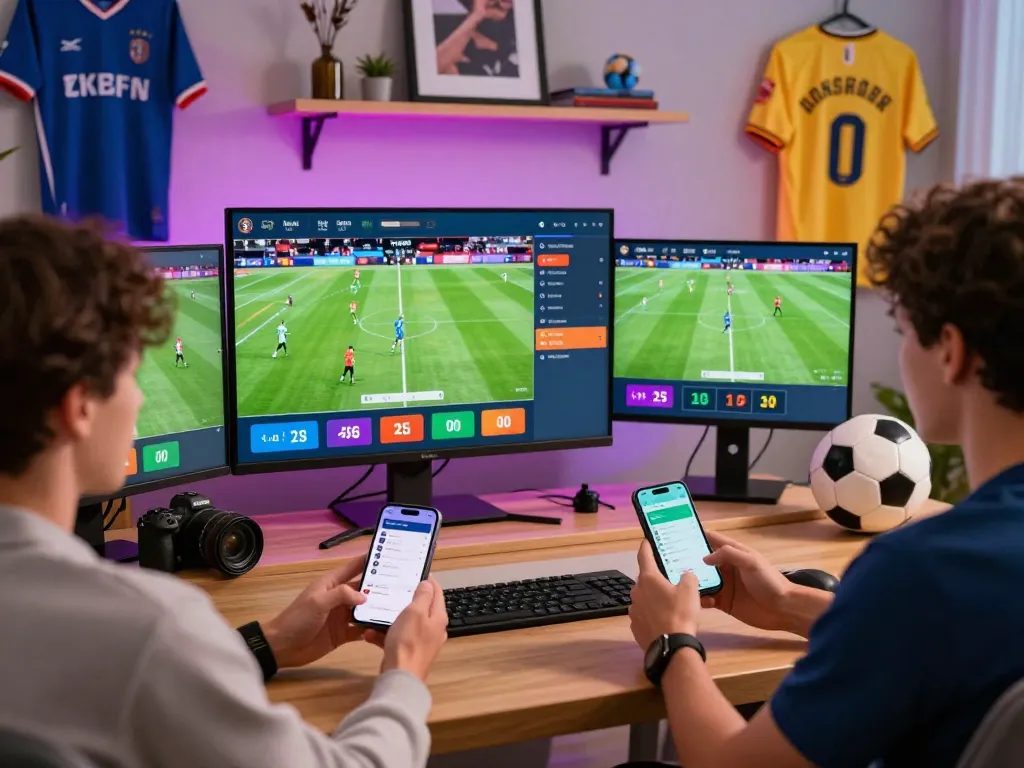 Exciting sports betting scene showcasing users interacting with the OKFUN platform, vibrant atmosphere.