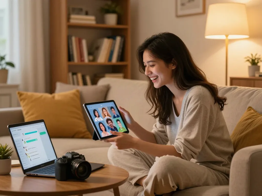 Interactive porn chat AI session with a woman engaging with lifelike avatars in a cozy room setting.