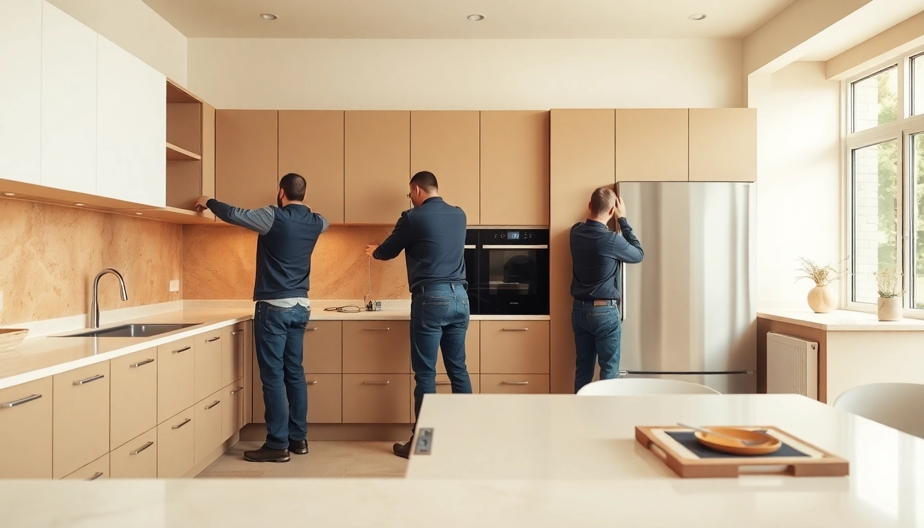 Find expert kitchen fitters near me working on a contemporary kitchen installation.