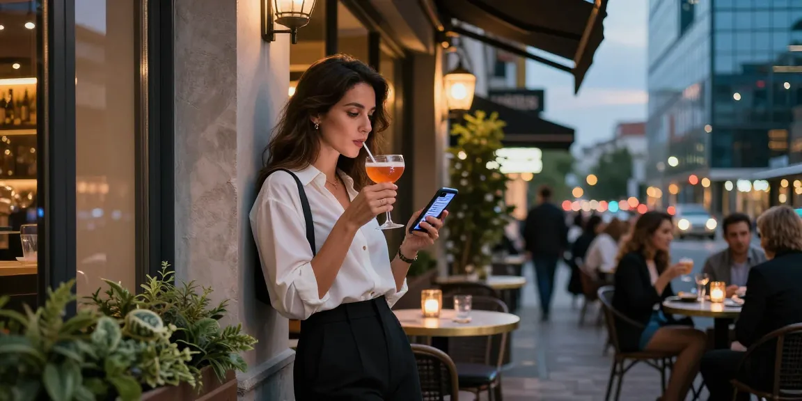 Kocaeli escort profiles displayed on a smartphone in an elegant café setting at twilight, highlighting sophisticated urban nightlife.