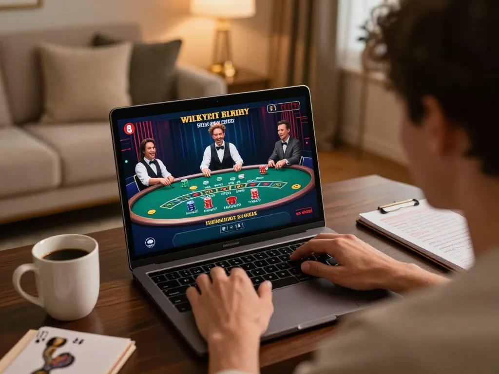 Engage with online casino gaming at https://nk88.boo/ showing a player immersed in a live dealer blackjack game, emphasizing strategic play and excitement.