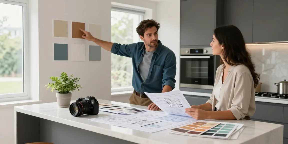 General contracting collaboration in modern home renovation, highlighting professional contractor guiding client with design plans and vibrant color swatches.