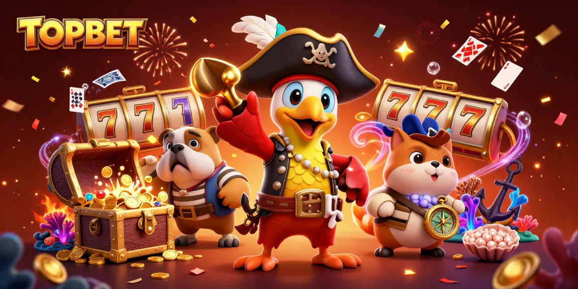Join the excitement with TOPBET as pirate characters engage in thrilling slot adventures!