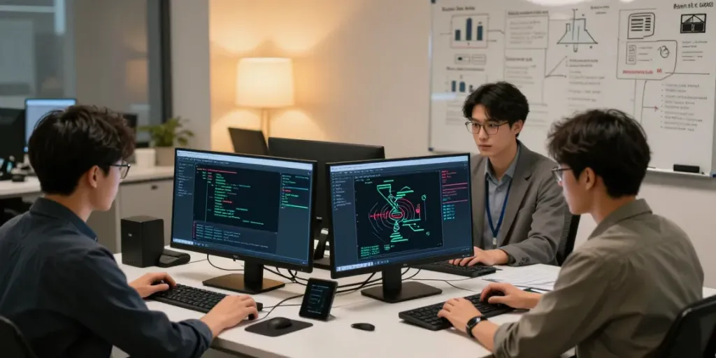 Red teaming exercise in a professional cybersecurity workspace, showcasing attack simulations and team collaboration.