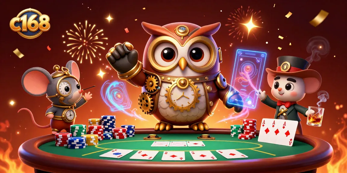 Join the c168 casino adventure with a steampunk owl and vibrant gaming elements.