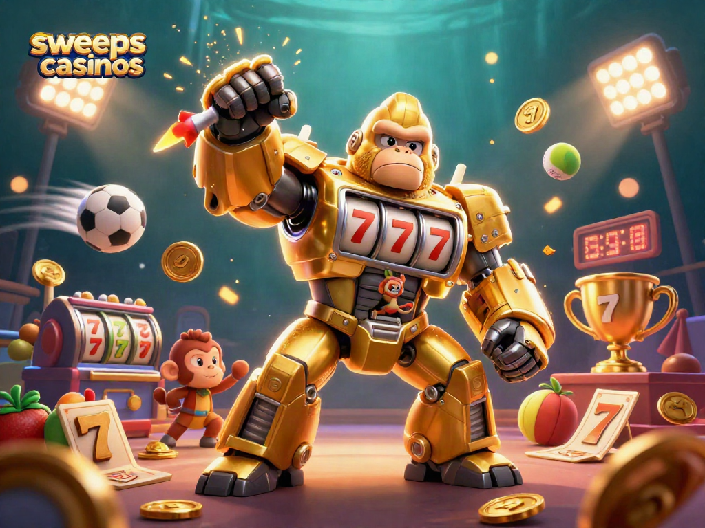 Experience the thrill of sweeps casinos with a dynamic scene of gambling excitement featuring a golden gorilla mech.