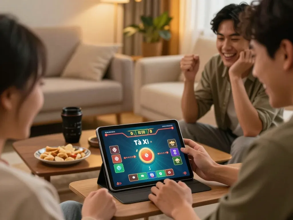 Players enjoying an online Tà Xỉu game on taixiuonline.za.com in a cozy living room